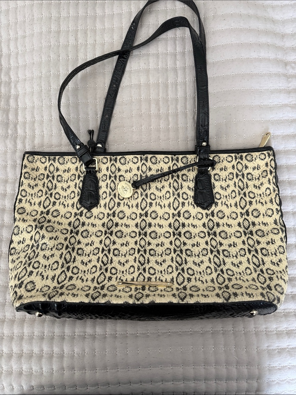 Brahmin Black and Cream Leopard-Print Tote
